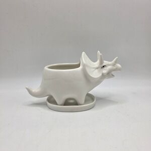 White Ceramic Triceratops Dinosaur Succulent Planter with Drainage Tray